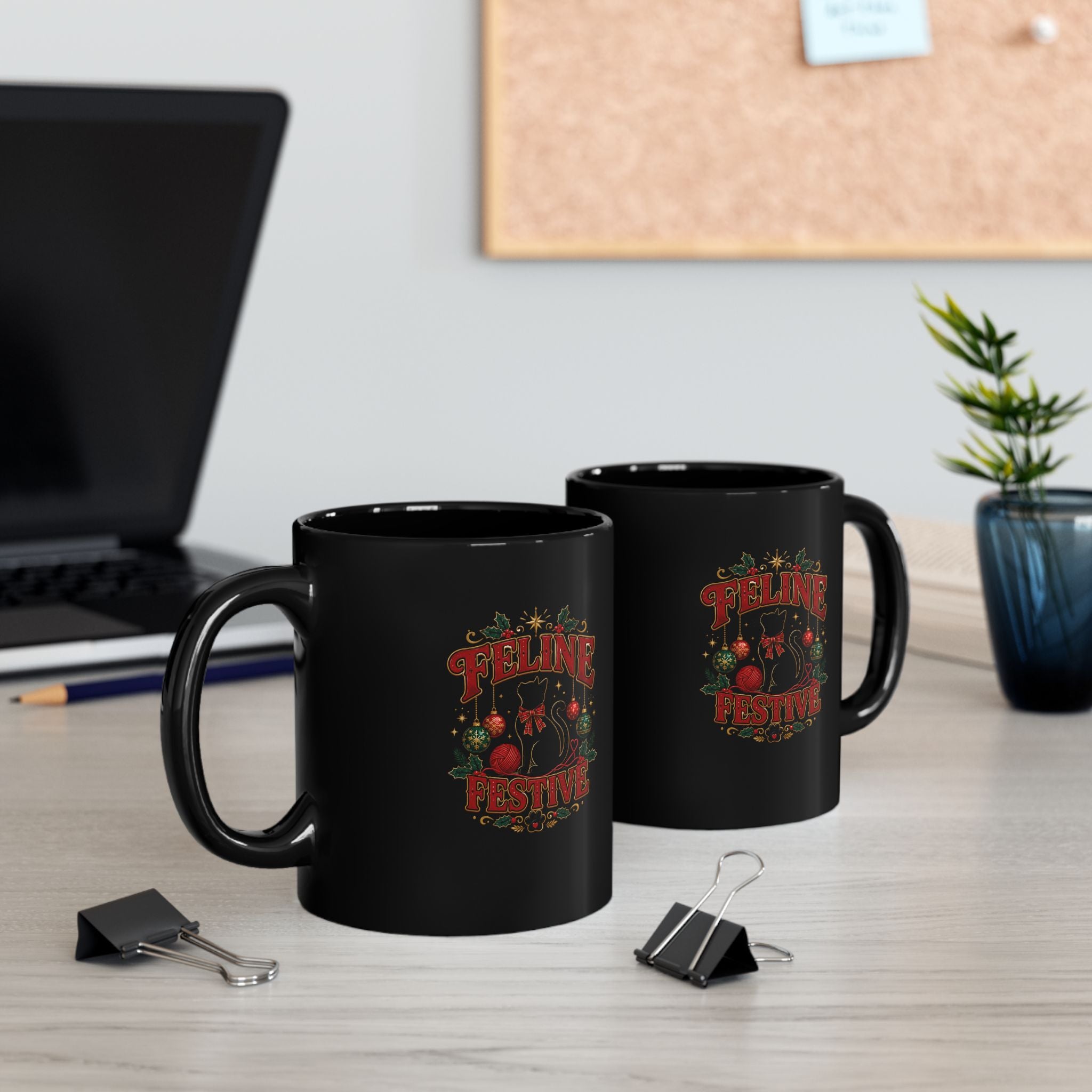 Feline Festive Black Mug — Christmas Cat Holiday Coffee Cup (