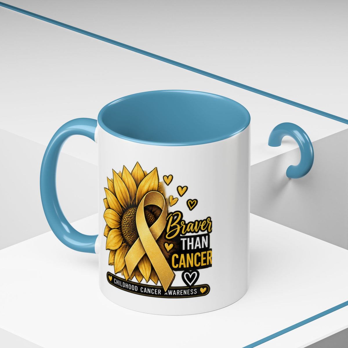 Childhood Cancer Awareness Mug — "Braver Than Cancer" Sunflower & Gold Ribbon