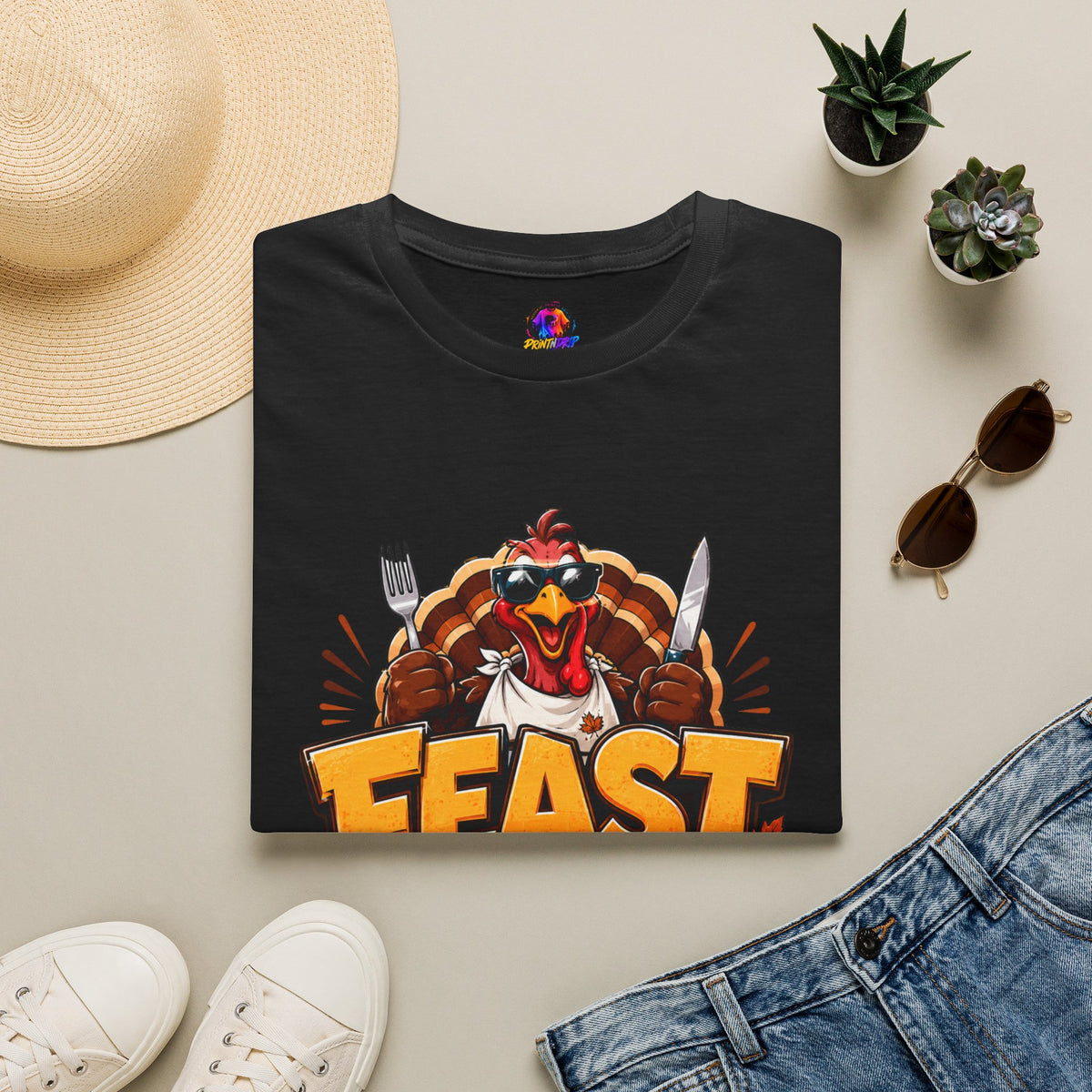Thanksgiving T-Shirt Feast Mode T-Shirt — Funny Thanksgiving Turkey Graphic Tee