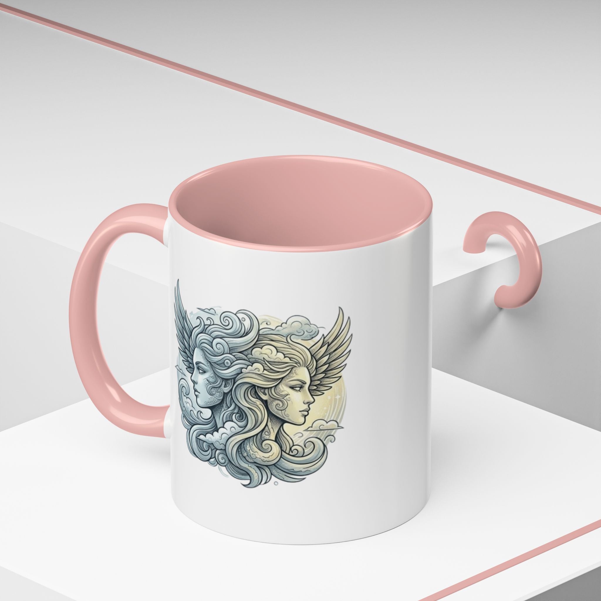 Gemini Twins Accent Coffee Mug — Sun & Moon Winged Faces Illustration