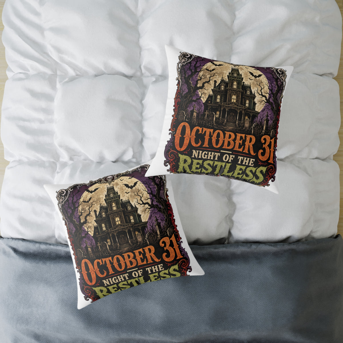 Halloween Haunted House Pillow — "October 31 Night of the Restless" Square Canvas Throw Pillow