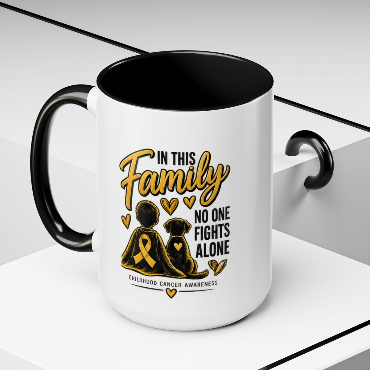 Childhood Cancer Awareness Coffee Mug — "In This Family No One Fights Alone"