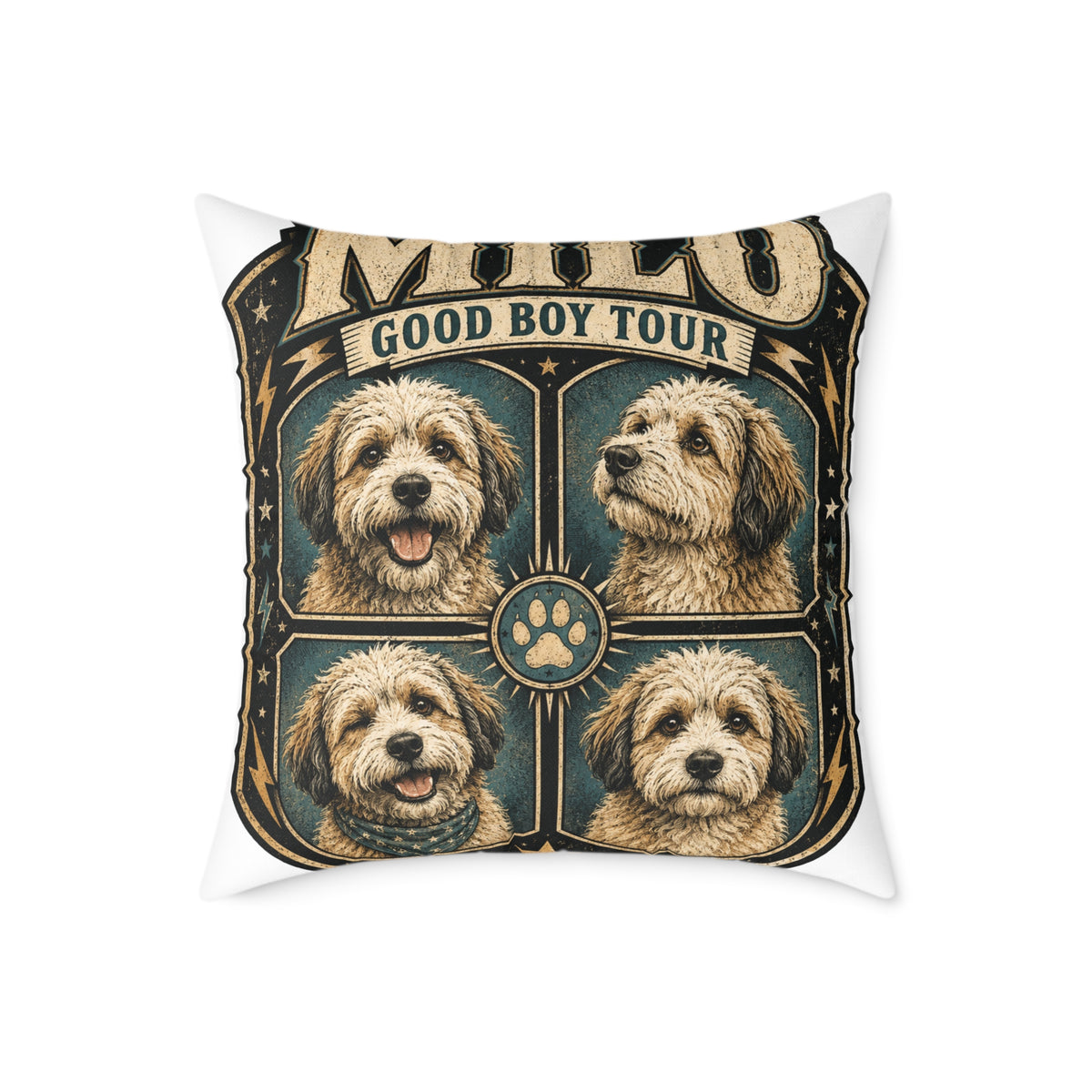 Dog Portrait Pillow - "Good Boy Tour" Vintage Puppy Square Throw Pillow  Milo Bailey Dog Dad Mom