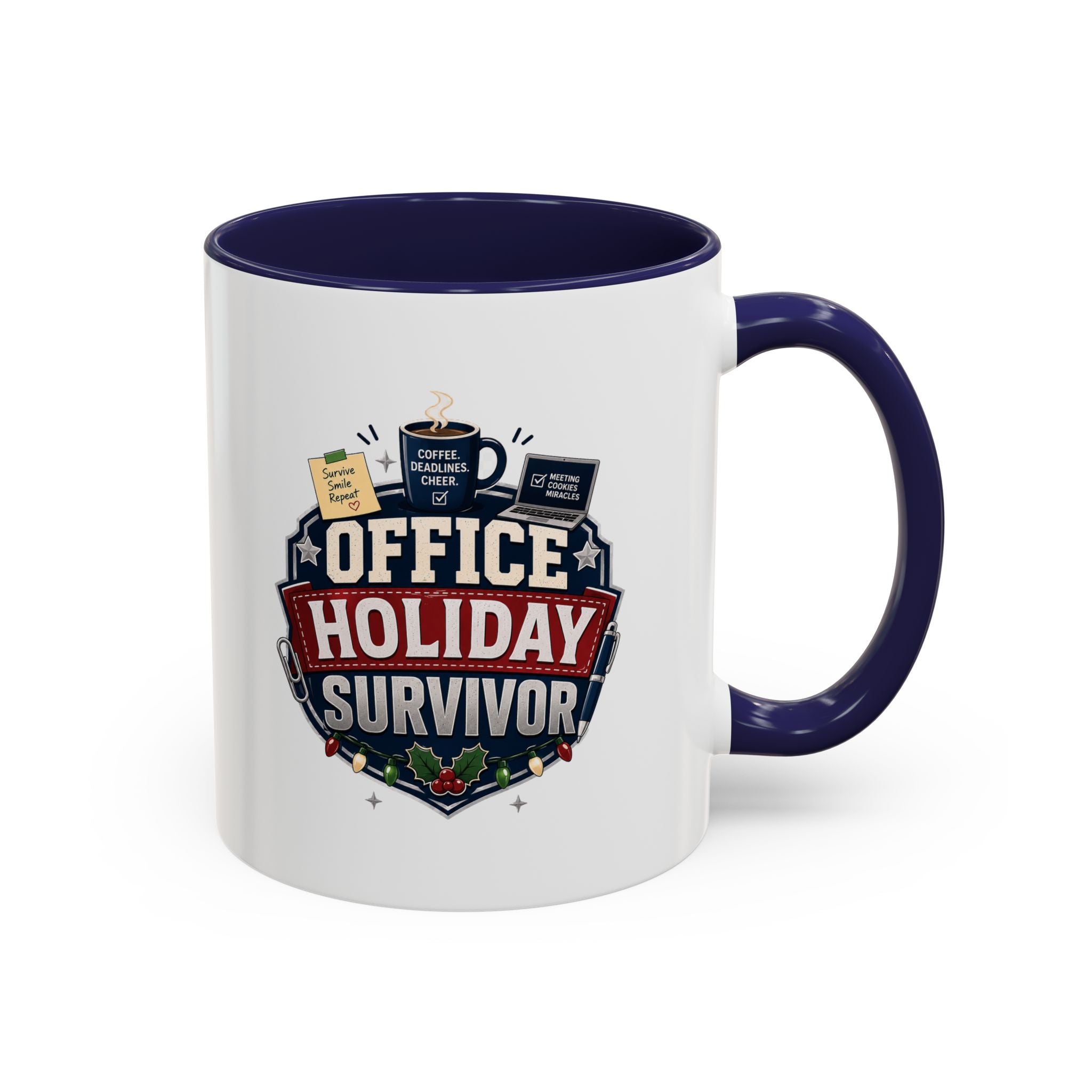Modern Day Christmas Office Holiday Survivor Accent Coffee Mug – Funny Christmas Office Gift