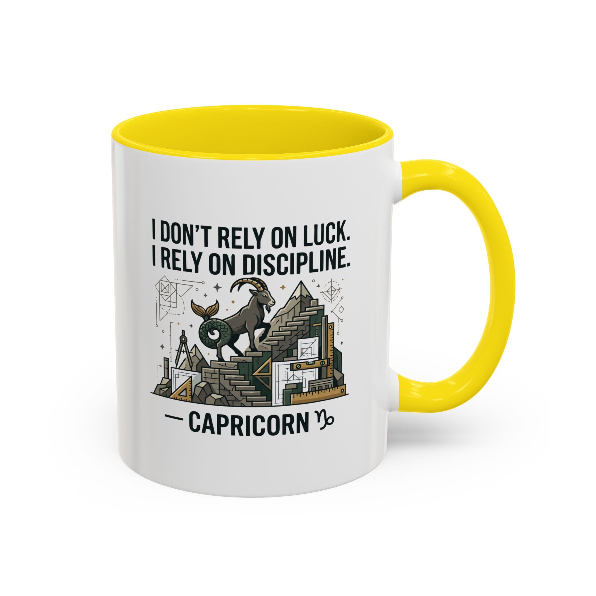 Capricorn Coffee Mug — “I Don’t Rely on Luck. I Rely on Discipline.” Accent Ceramic Mug
