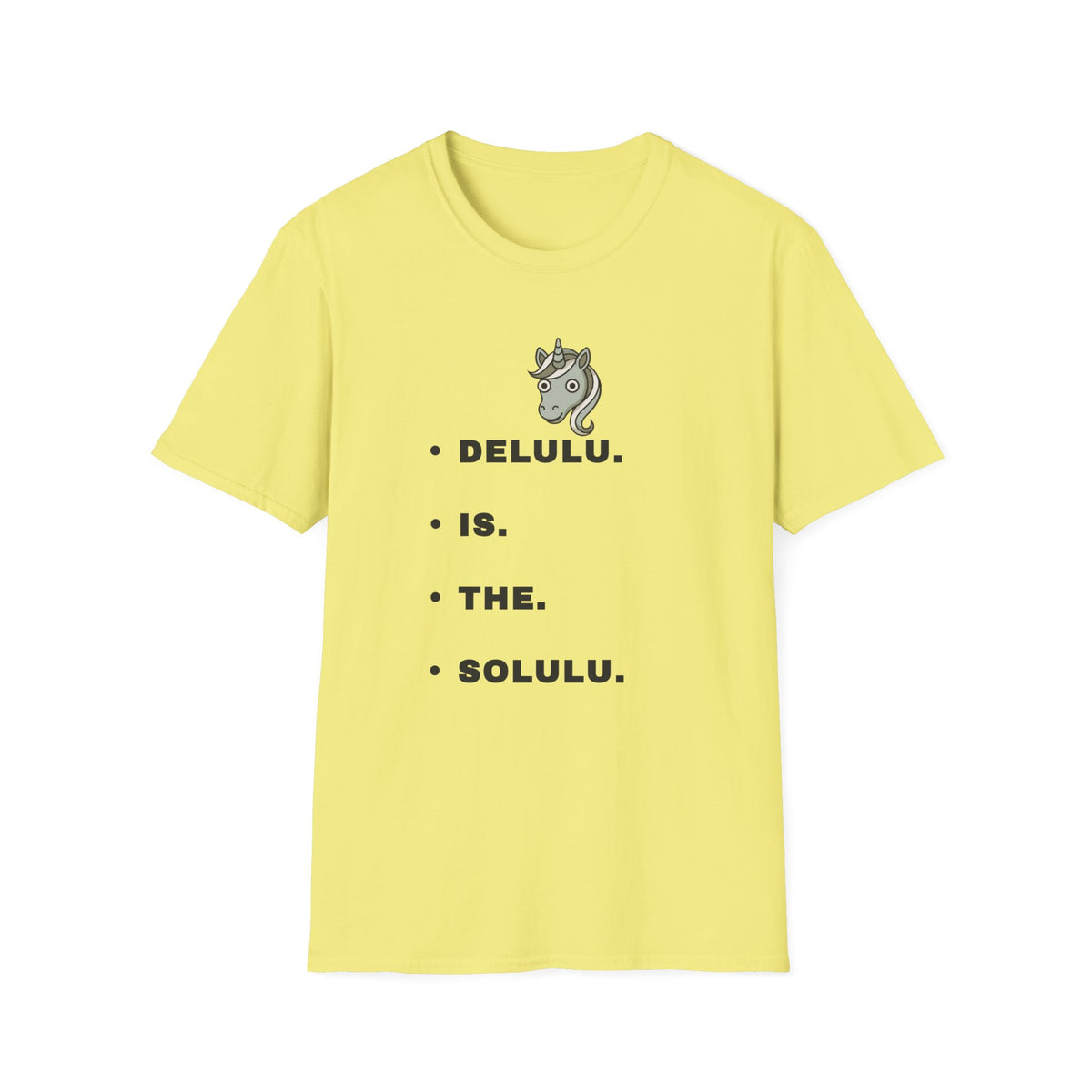 T-Shirt — Minimalist Unicorn Graphic Tee with "DELULU" Text - Trending Now - September 2026