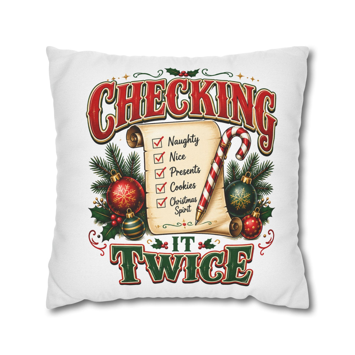 Checking It Twice Christmas Pillowcase — Festive Holiday Checklist Throw Pillow Cover