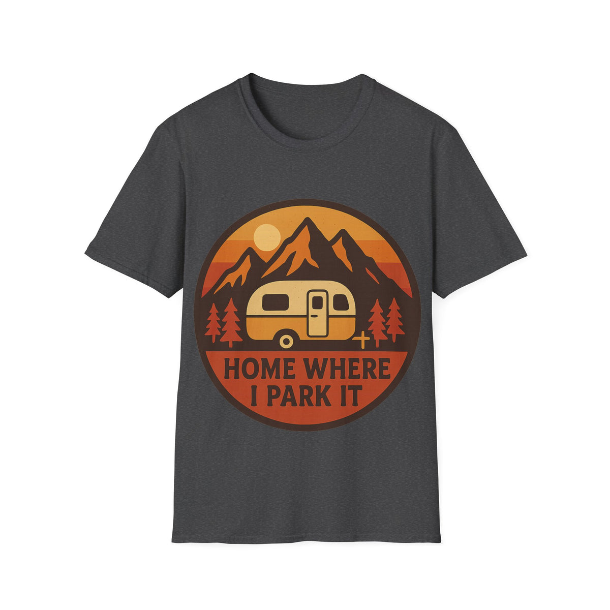 "Home Where I Park It" Vintage Camper Van Graphic Tee - Retro Sunset Mountain White T-Shirt - Trending Now - September 2026