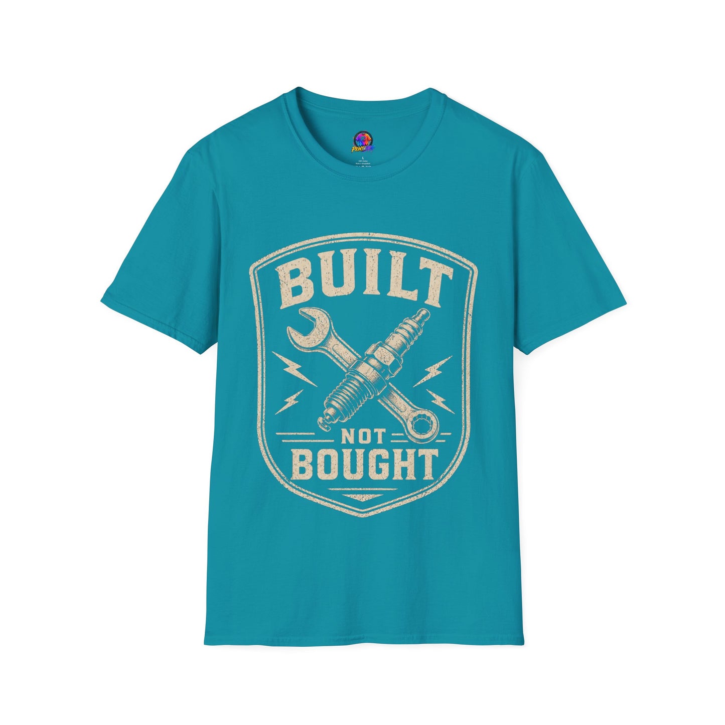 Built Not Bought T-Shirt — Vintage Mechanic Wrench & Spark Plug Design