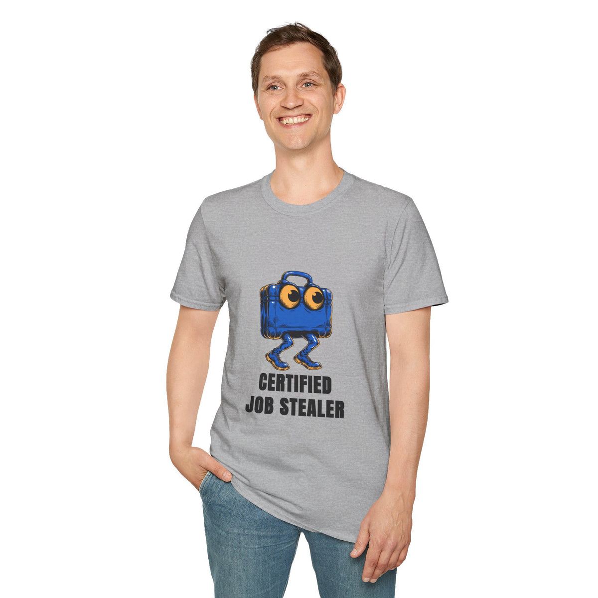 T-Shirt — Certified Job Stealer Funny Blue Suitcase Graphic - Trending Now - August 2026