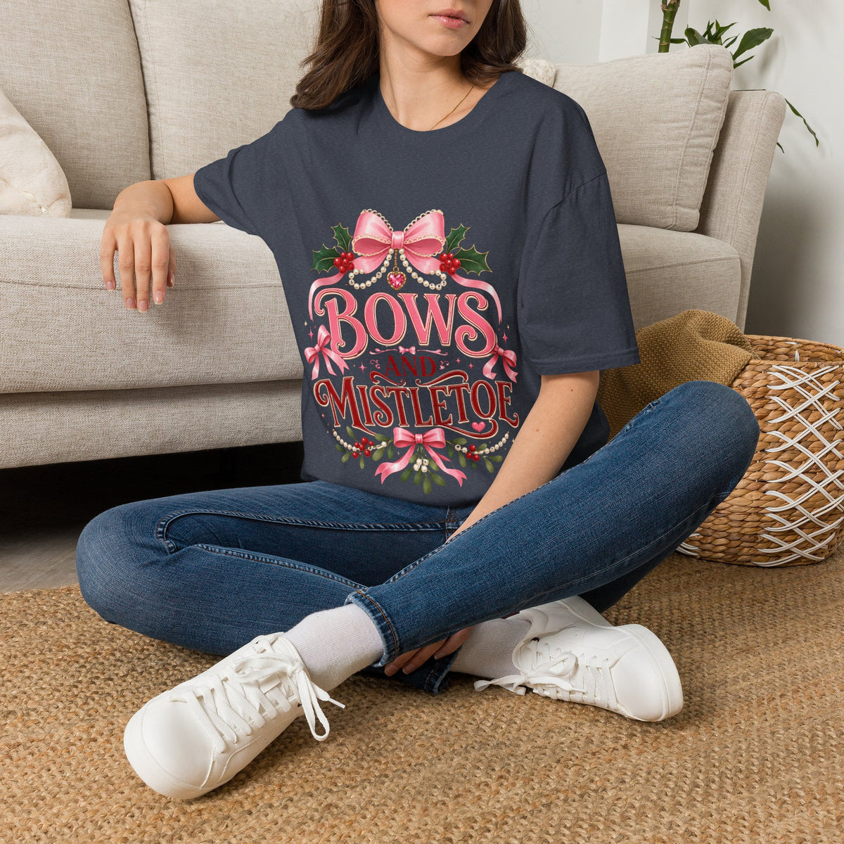 Bows and Mistletoe T-Shirt — Pink Holiday Bow Christmas Tee