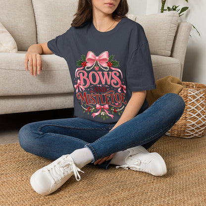 Bows and Mistletoe T-Shirt — Pink Holiday Bow Christmas Tee