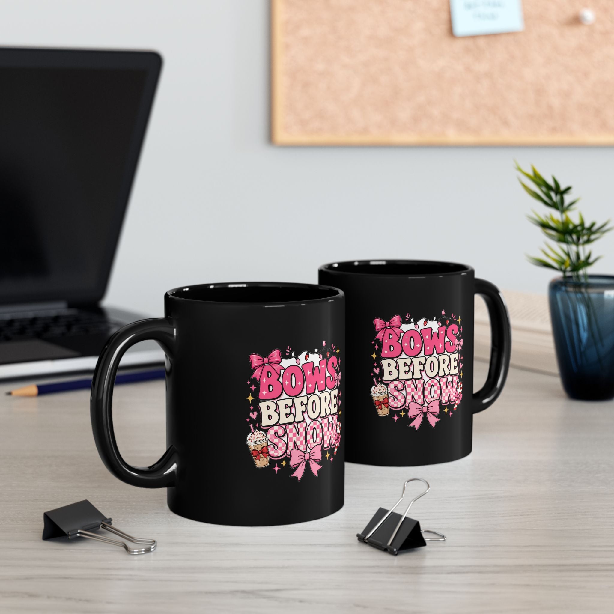 Modern Day Christmas Bows Before Snow Black Mug – Cute Pink Winter Bow Coffee Cup