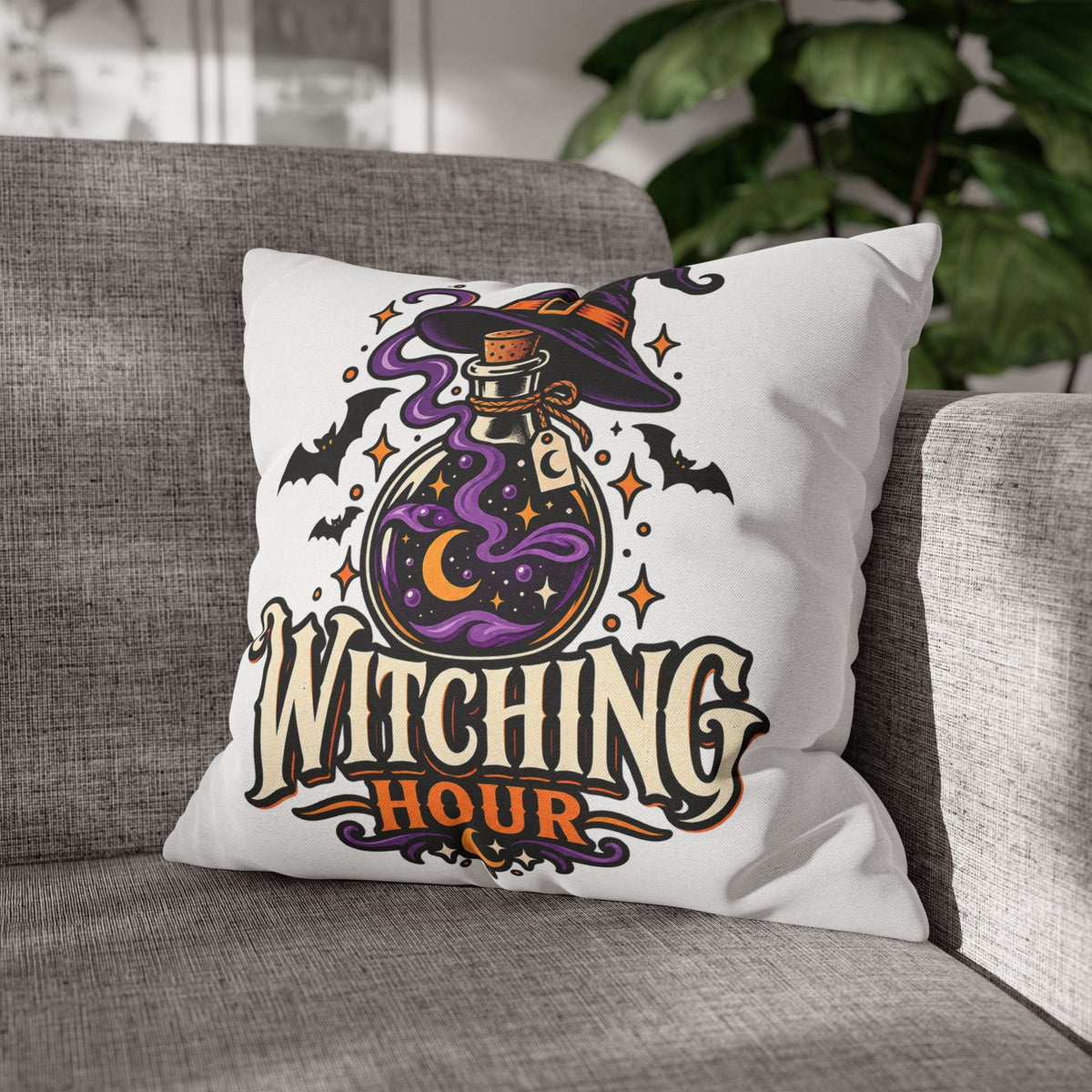 Witching Hour Square Pillowcase – Halloween Potion Witch Hat Throw Pillow Cover