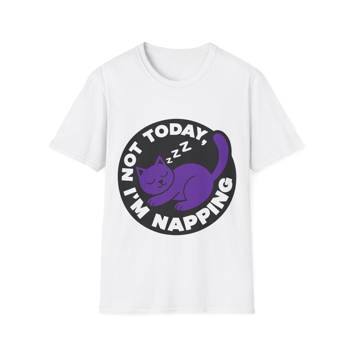 Not Today I'm Napping Purple Cat Tee - Funny Sleeping Kitten Badge Graphic T-Shirt - Trending Now - September 2026