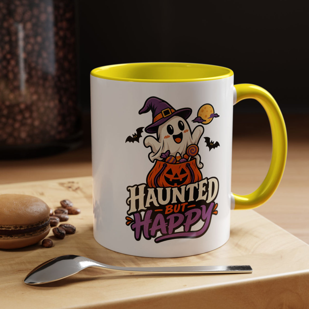 Haunted But Happy Coffee Mug — Halloween Ghost Pumpkin Accent Mug (11/15oz)
