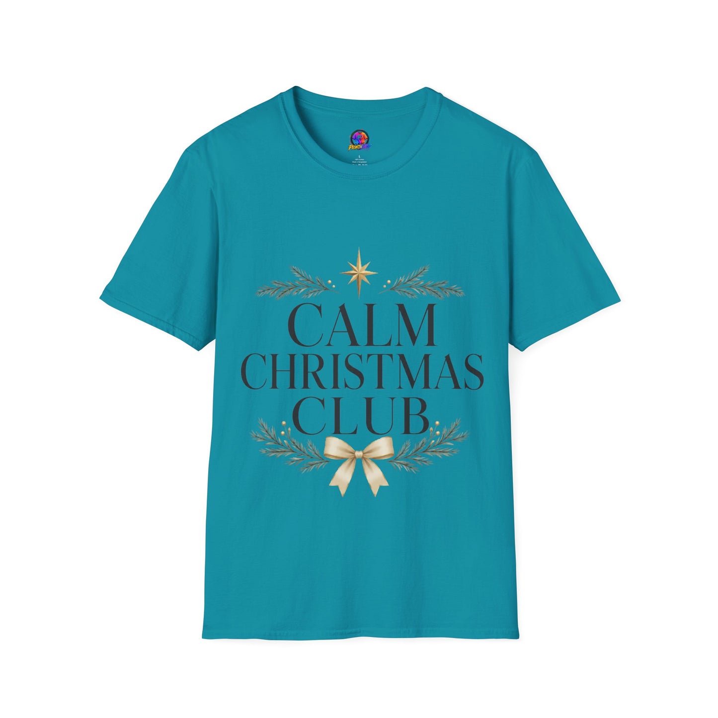 Calm Christmas Club T-Shirt — Holiday Relaxed Tee with Star & Pine Design