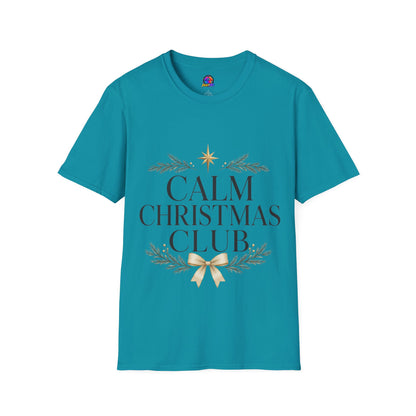 Calm Christmas Club T-Shirt — Holiday Relaxed Tee with Star & Pine Design
