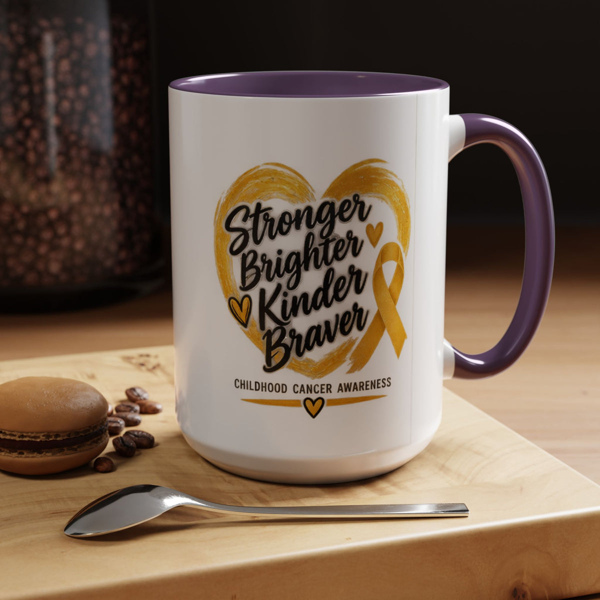 Childhood Cancer Awareness Accent Coffee Mug — "Stronger Brighter Kinder Braver"