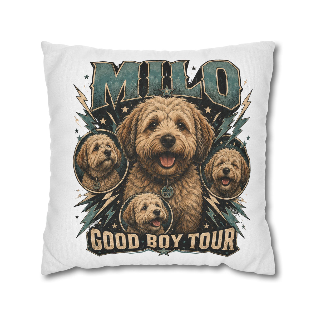 Milo "Good Boy Tour" Decorative Pillowcase — Cute Dog Portrait Square Throw Pillowcase Milo Bailey Dog Dad Mom