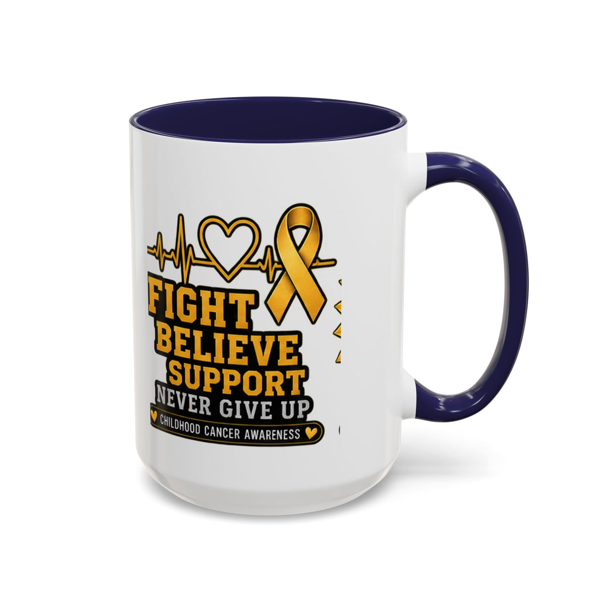 Childhood Cancer Awareness Accent Coffee Mug — "Fight Believe Support" 11/15oz