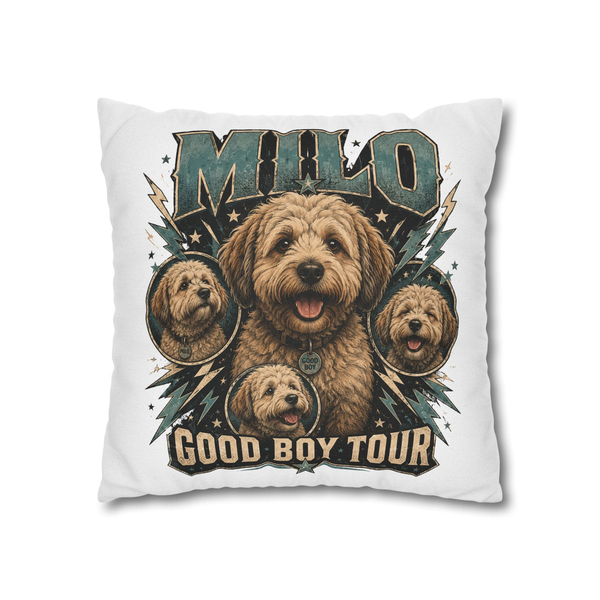 Milo "Good Boy Tour" Decorative Pillowcase — Cute Dog Portrait Square Throw Pillowcase Milo Bailey Dog Dad Mom