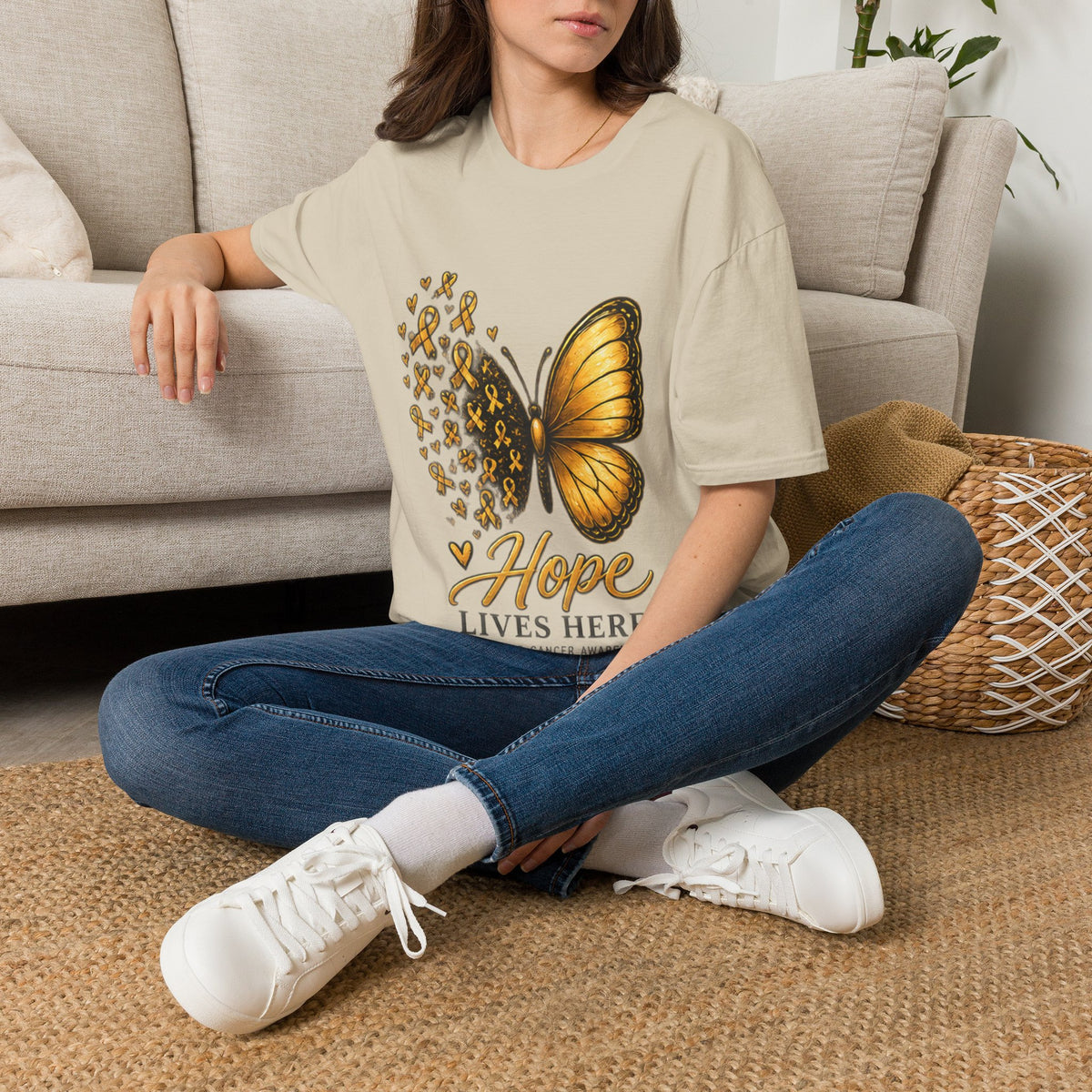 Hope Lives Here Gold Ribbon Butterfly Childhood Cancer Awareness T-Shirt