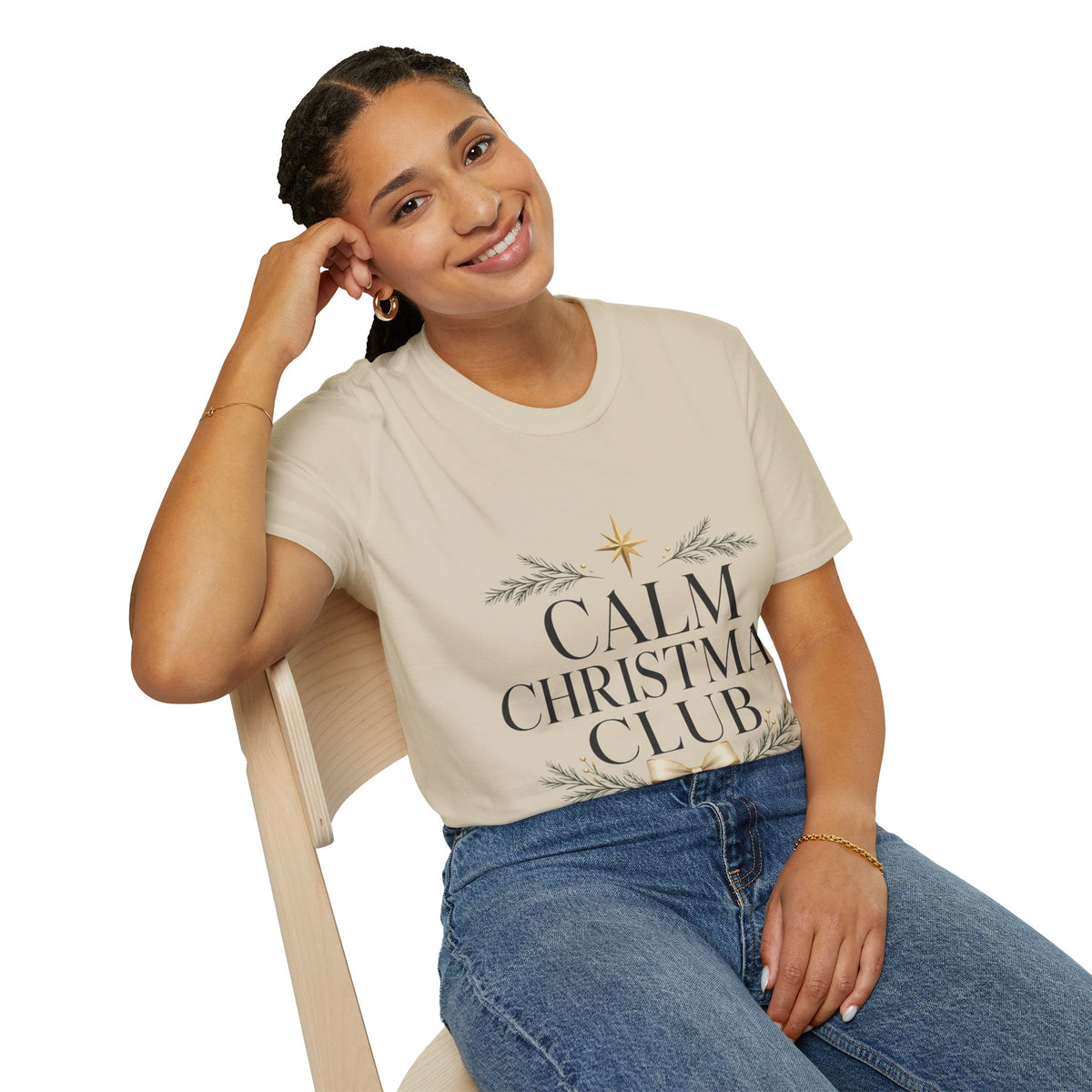 Calm Christmas Club T-Shirt — Holiday Relaxed Tee with Star & Pine Design