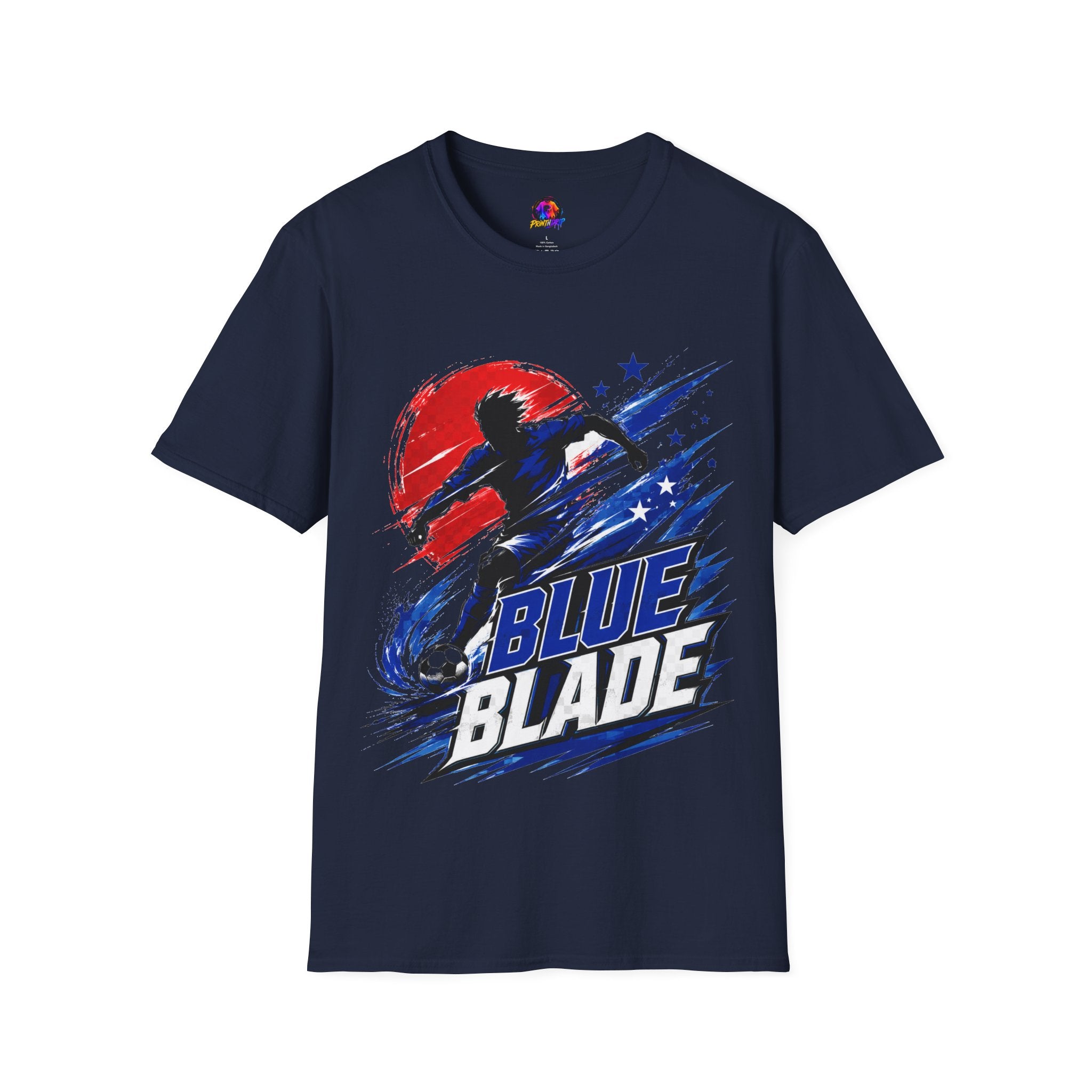 Japan T-Shirt — Blue Blade Soccer Graphic Tee (Red & Blue Starburst)