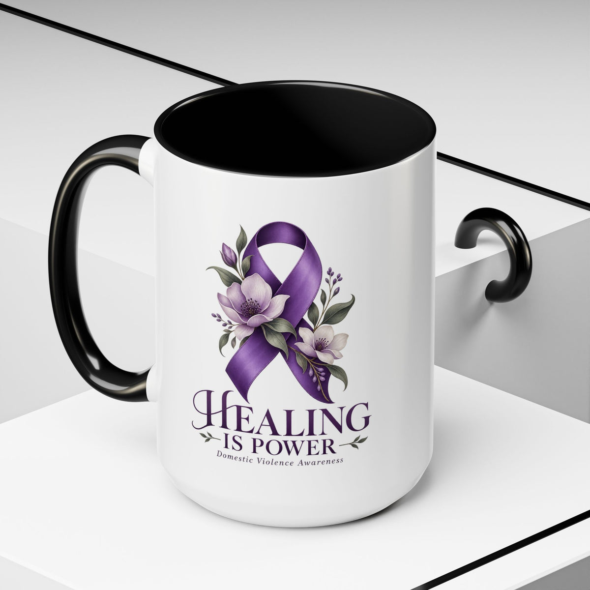 Healing Is Power Purple Ribbon Coffee Mug — Domestic Violence Awareness Accent Mug (11/15oz)