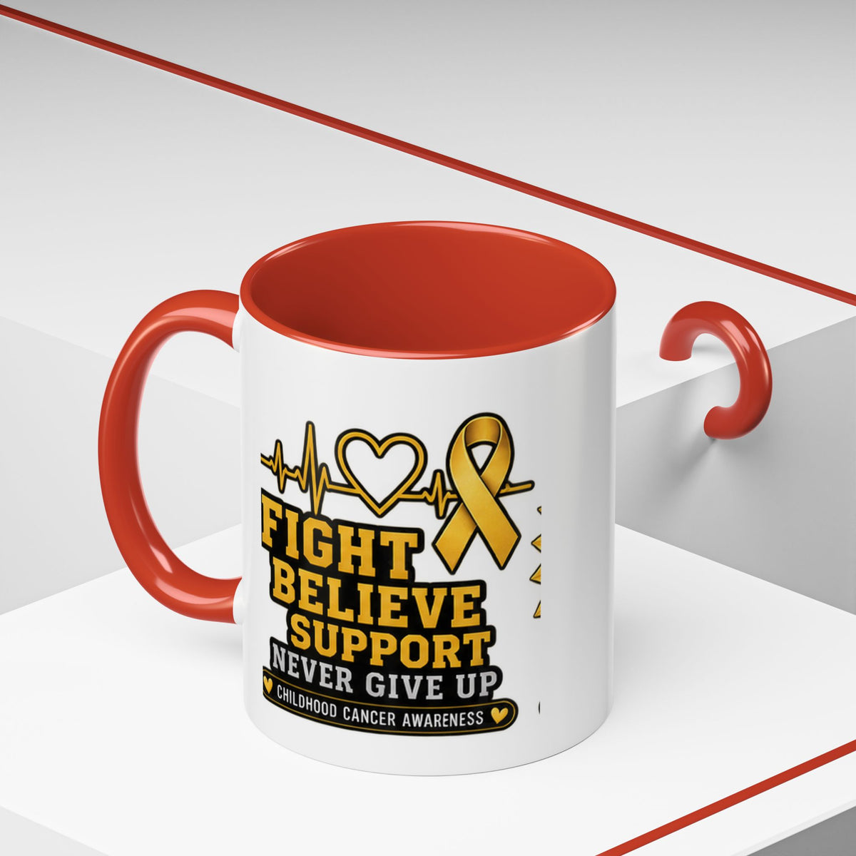 Childhood Cancer Awareness Accent Coffee Mug — "Fight Believe Support" 11/15oz
