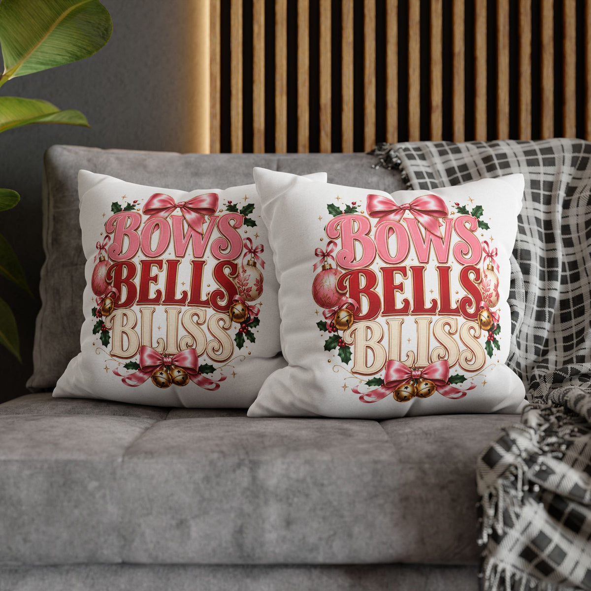 Christmas Decorative Pillowcase — "Bows Bells Bliss" Pink Holiday Throw Pillowcase