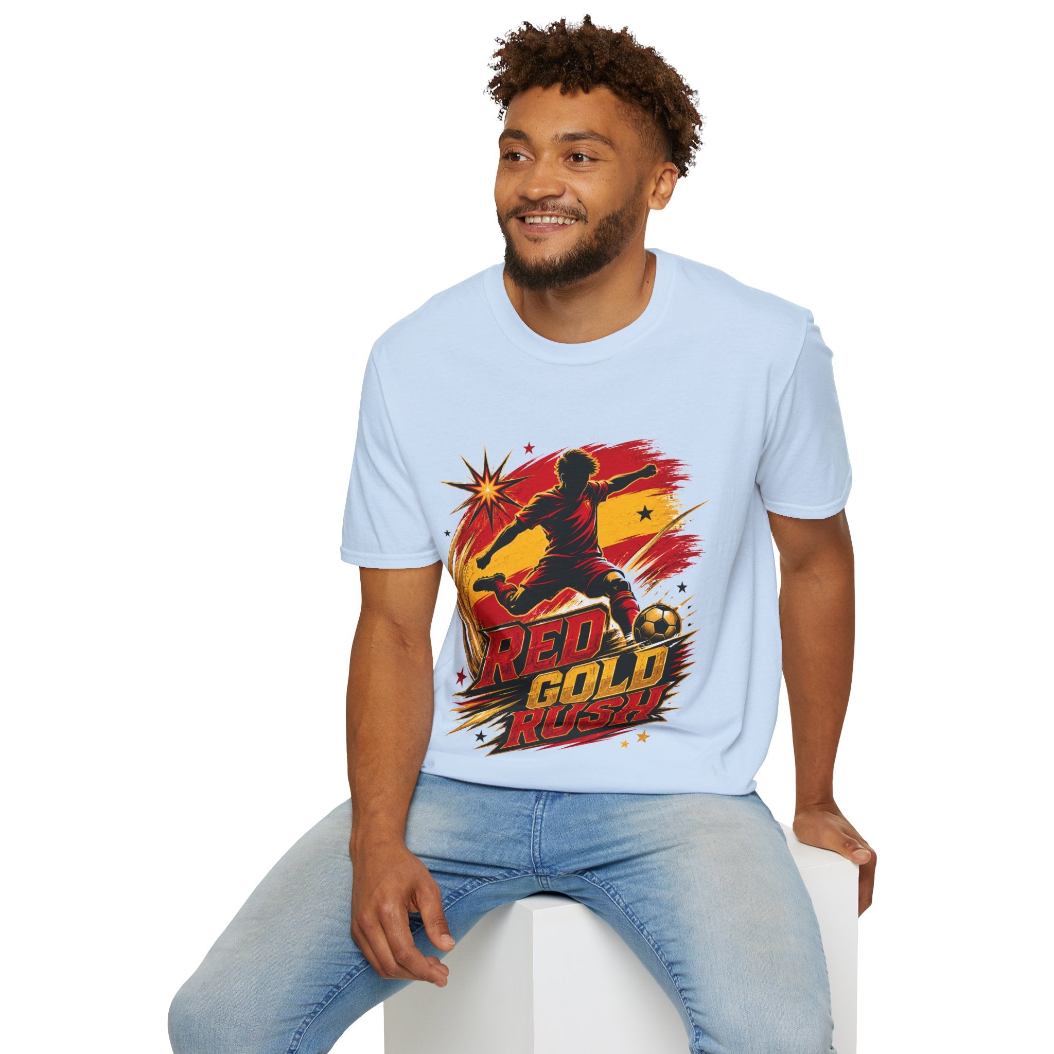 Spain Red & Gold Rush Soccer T-Shirt — Retro Soccer Player Graphic