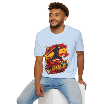 Spain Red & Gold Rush Soccer T-Shirt — Retro Soccer Player Graphic