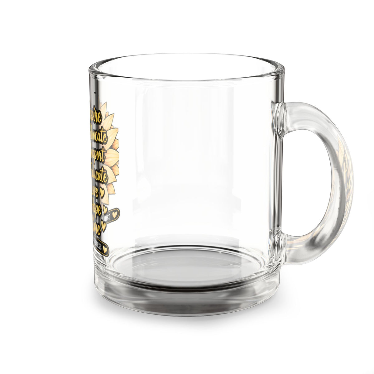 Childhood Cancer Awareness Glass Mug — Sunflower Ribbon "Inspire Advocate Support Educate Love Hope Cure" 10oz