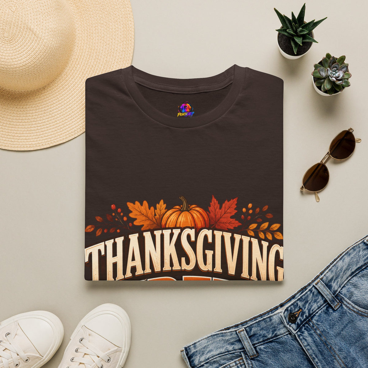 Thanksgiving T-Shirt Crew T-Shirt— Festive Pumpkin & Fall Leaves Holiday Tee