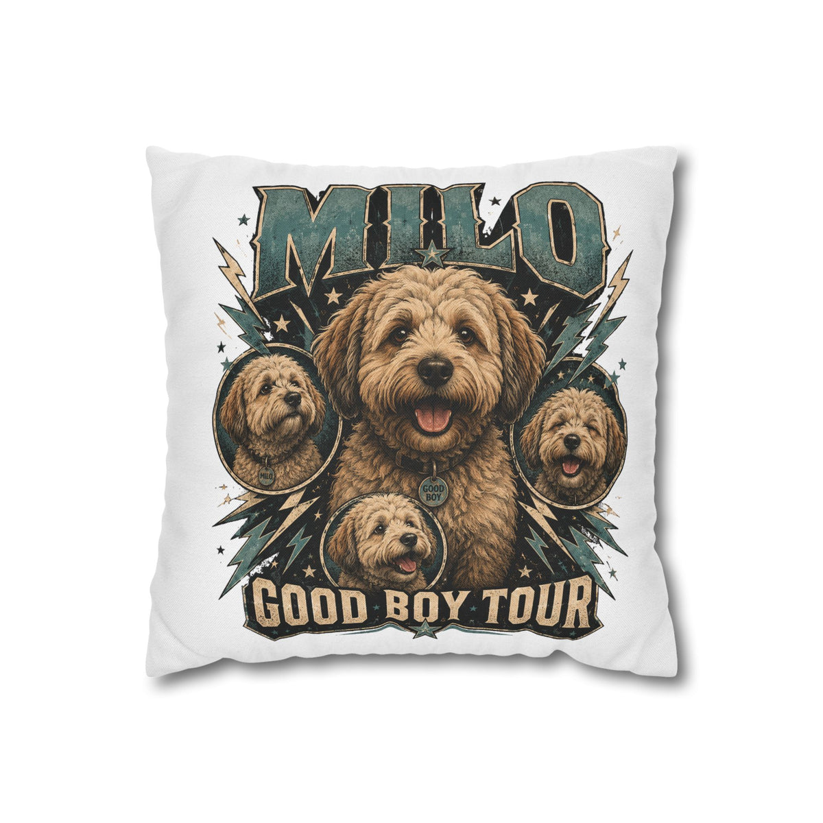 Milo "Good Boy Tour" Decorative Pillowcase — Cute Dog Portrait Square Throw Pillowcase Milo Bailey Dog Dad Mom