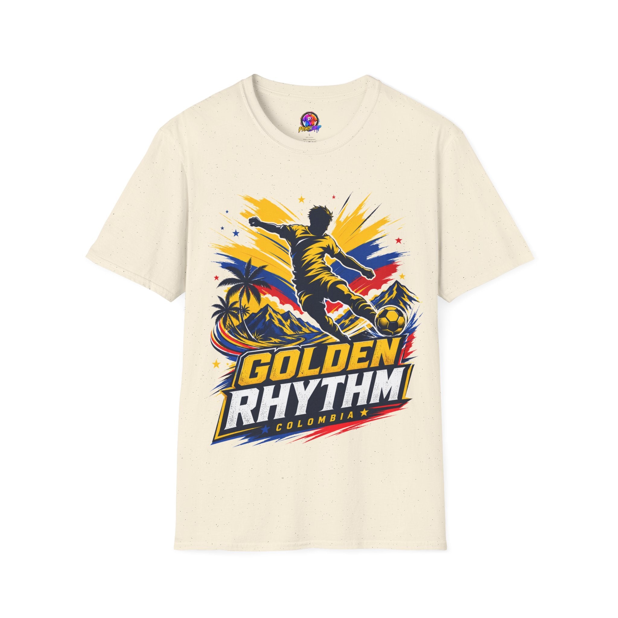 Columbia Soccer Player Graphic T-Shirt — "Golden Rhythm" Vibrant Beach Soccer Tee