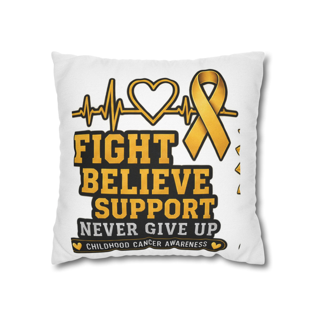 Childhood Cancer Awareness Pillow — "Fight Believe Support Never Give Up" Gold Ribbon Decorative Throw Pillow