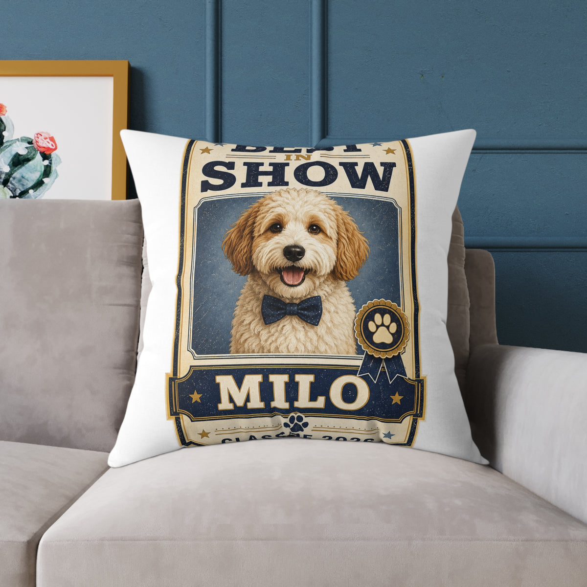 Dog Portrait Pillow -  Milo Bailey Dog Dad Mom "Best in Show" Personalized Milo Square Throw Pillow