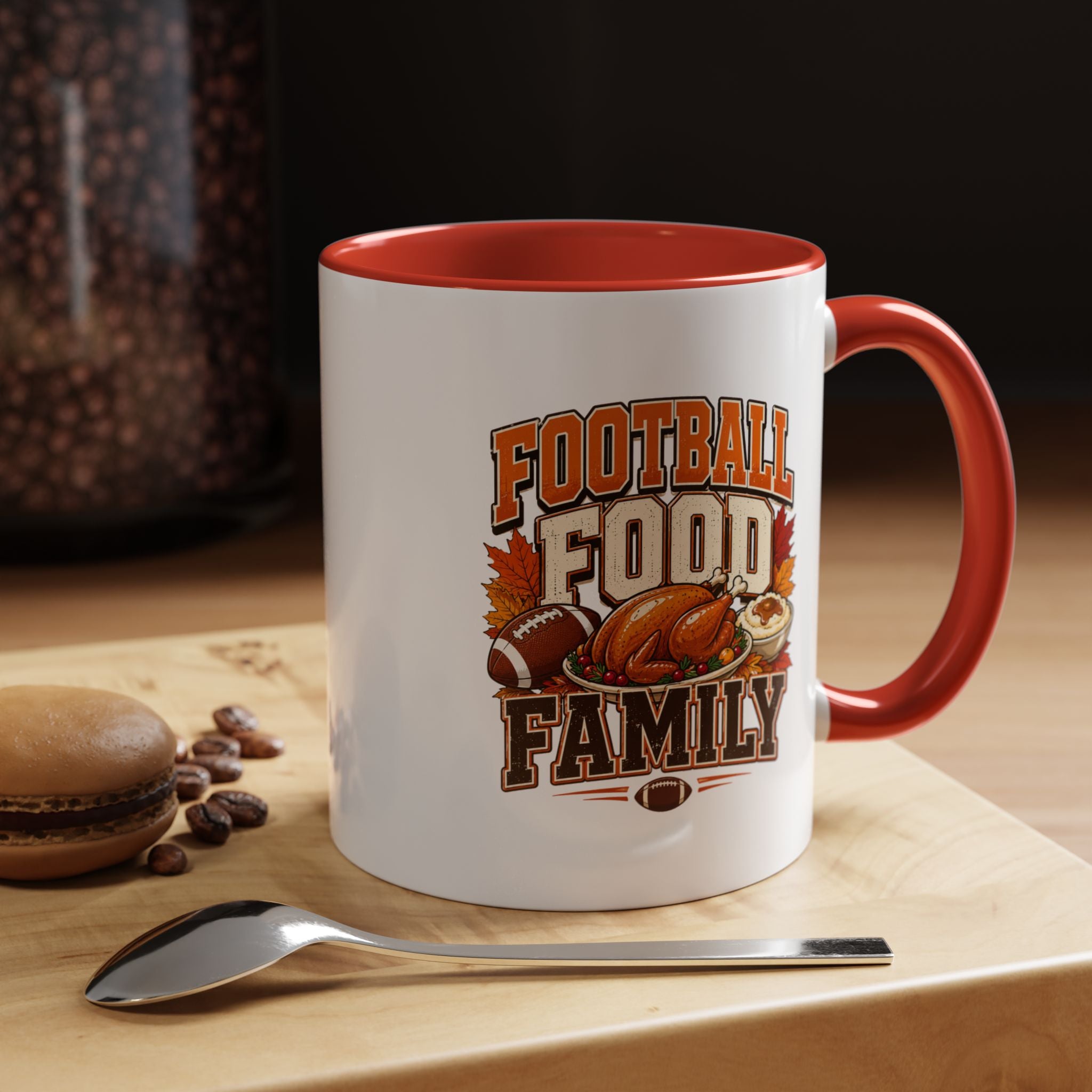 Thanksgiving Mug Football, Food & Family Coffee Mug — Thanksgiving Game Day Accent Mug