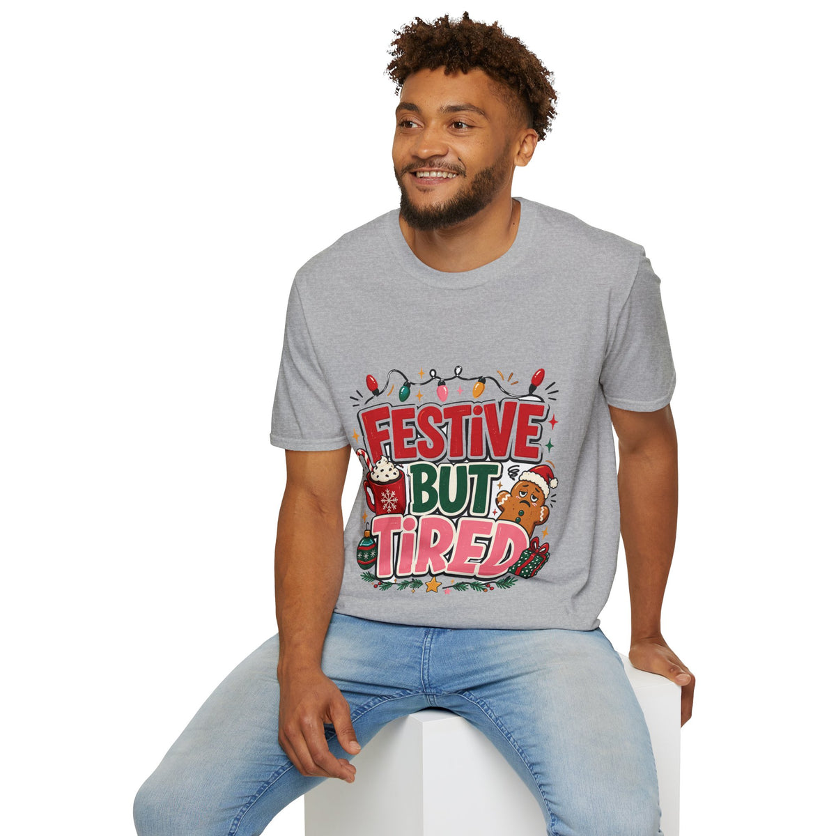 Festive But Tired T-Shirt — Holiday Christmas Crew Tee with Lights & Gingerbread