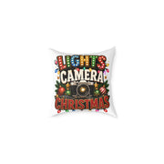 Christmas Photo Pillow - "Lights Camera Christmas" Decorative Square Throw Pillow