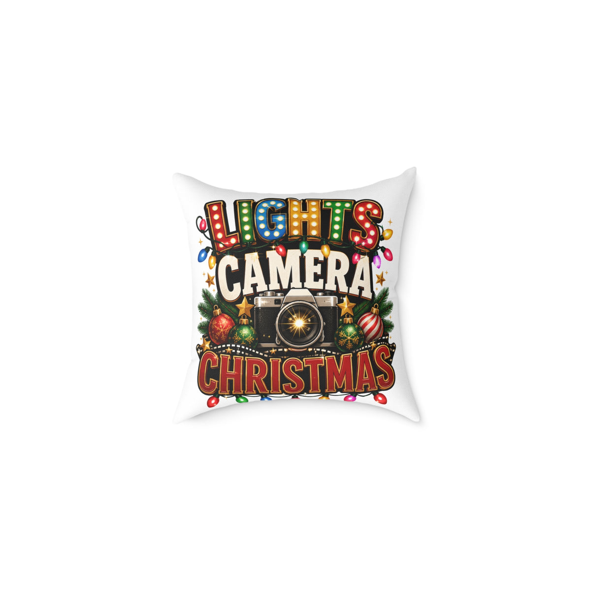 Christmas Photo Pillow - "Lights Camera Christmas" Decorative Square Throw Pillow