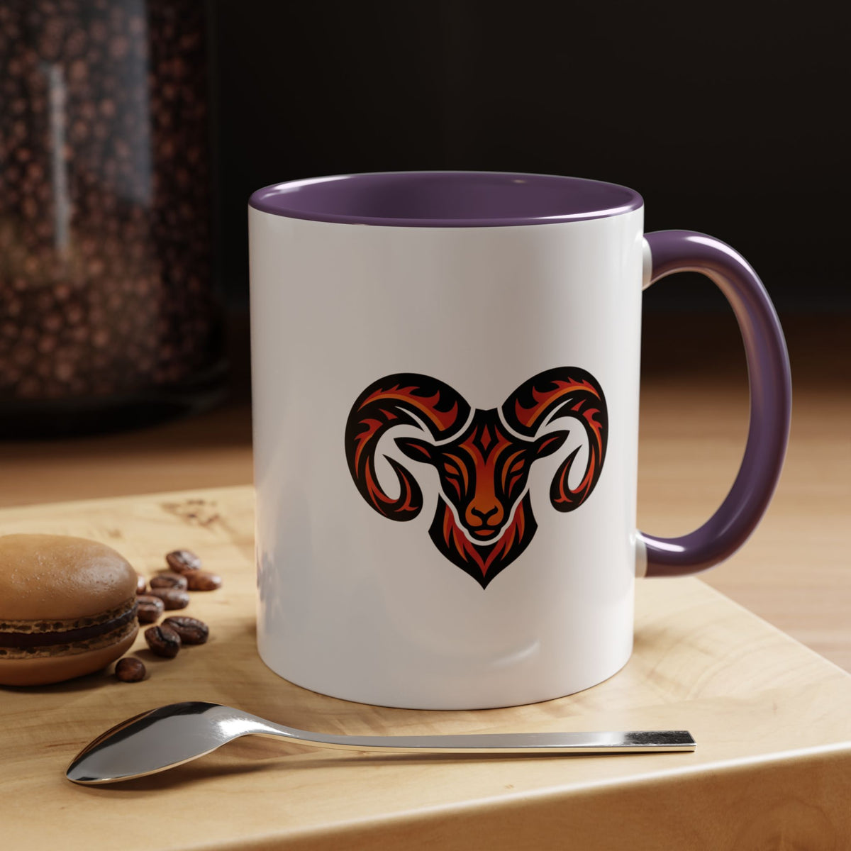 Aries Zodiac Ram Logo Accent Coffee Mug — Bold Tribal Ram Head Design