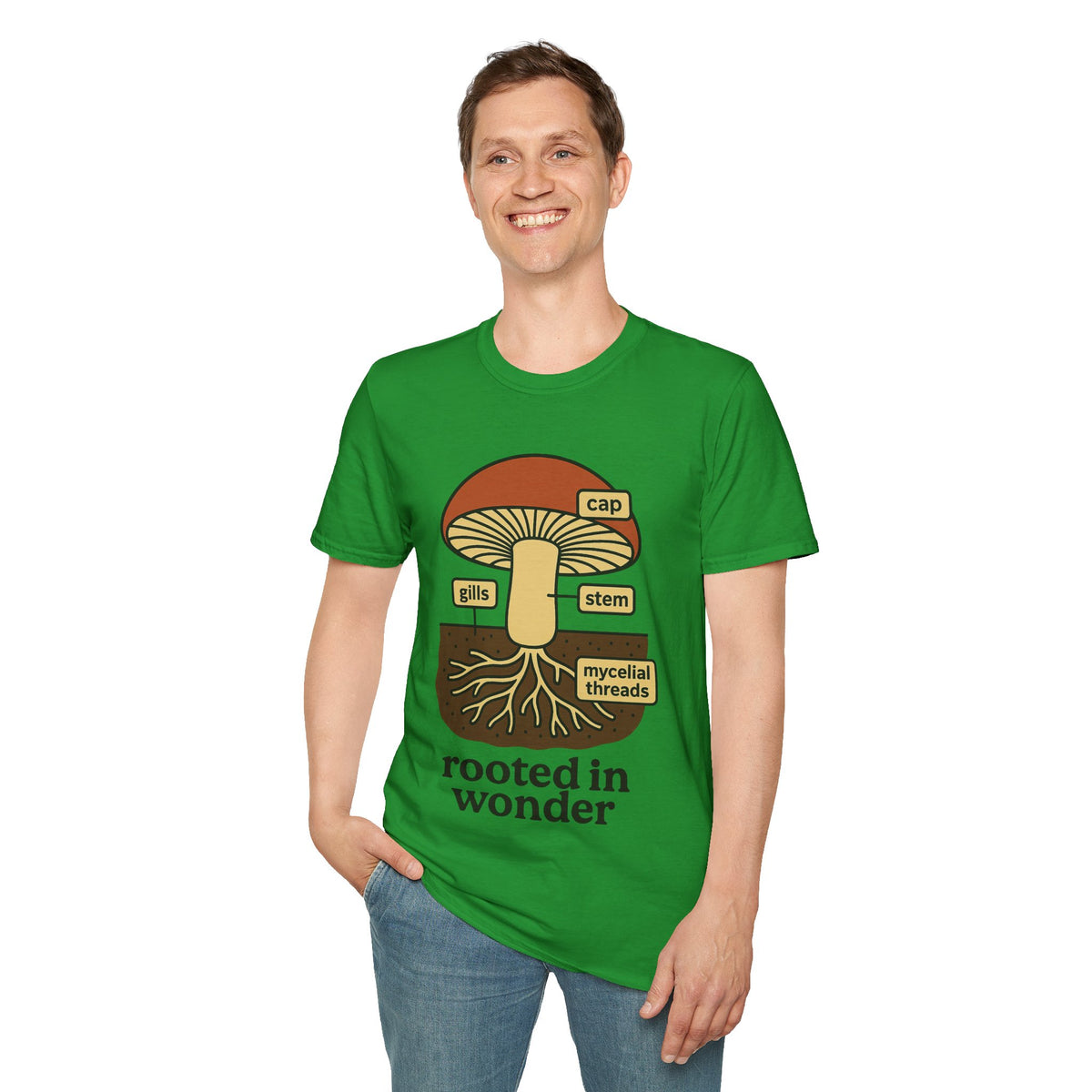 "Rooted in Wonder" Retro Mycelium Mushroom Tee - Vintage Cottagecore Nature White T-Shirt - Trending Now - September 2026