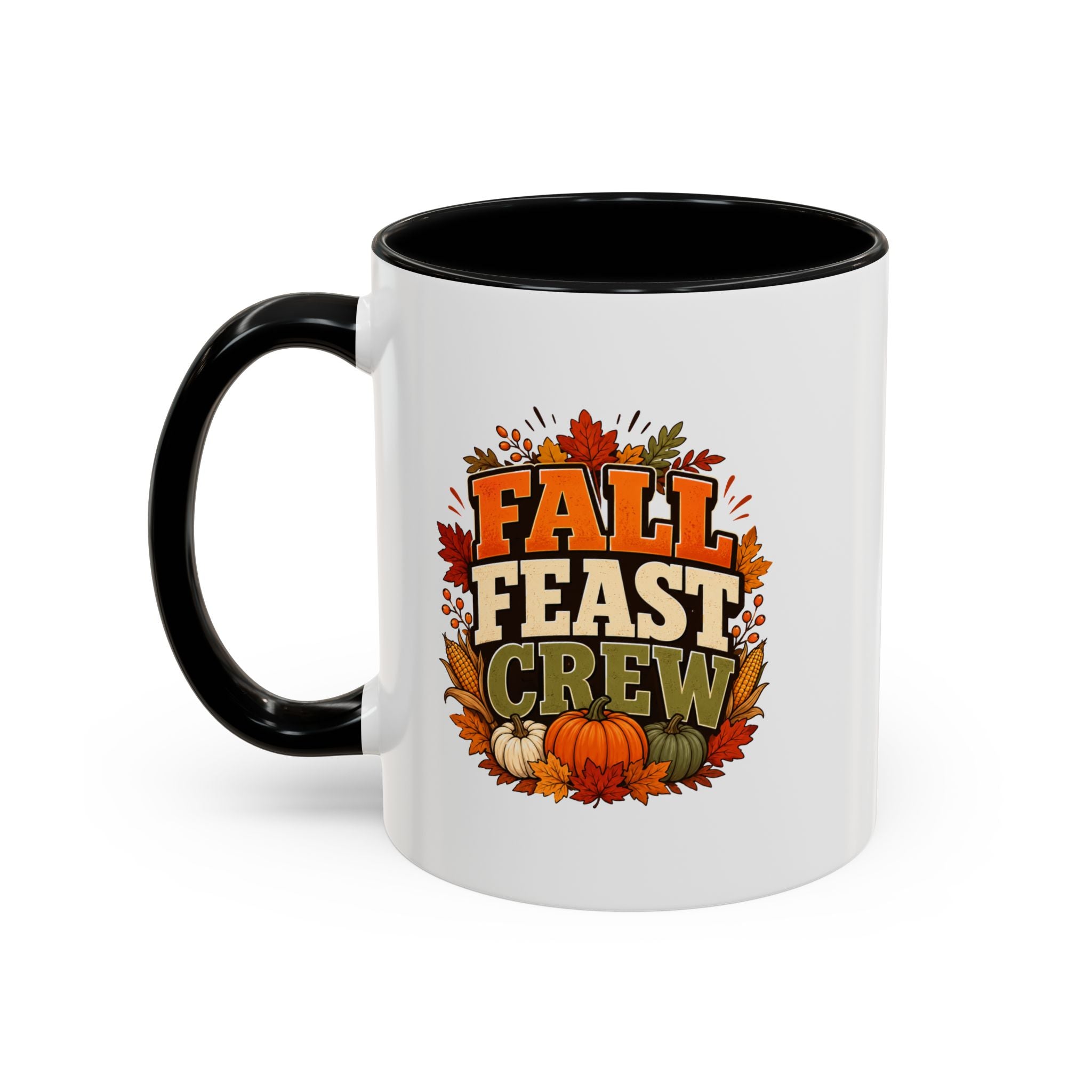 Thanksgiving Mug Fall Feast Crew Coffee Mug — Autumn Pumpkin & Leaves Accent Mug