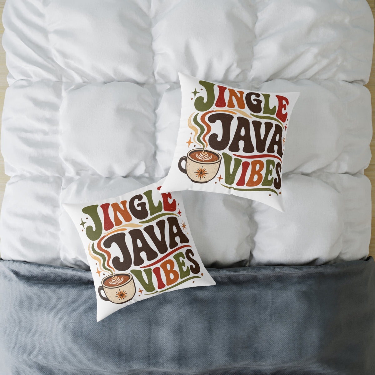 Christmas Square Pillow — "Jingle Java Vibes" Coffee Holiday Decorative Cushion