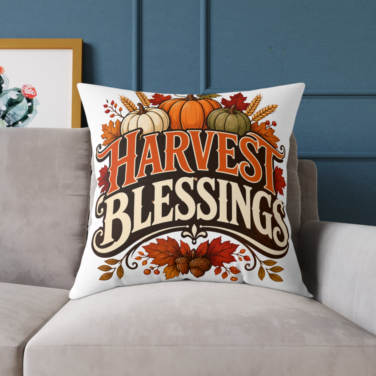 Thanksgiving Harvest Blessings Fall Throw Pillow — Autumn Pumpkin Decorative Pillow