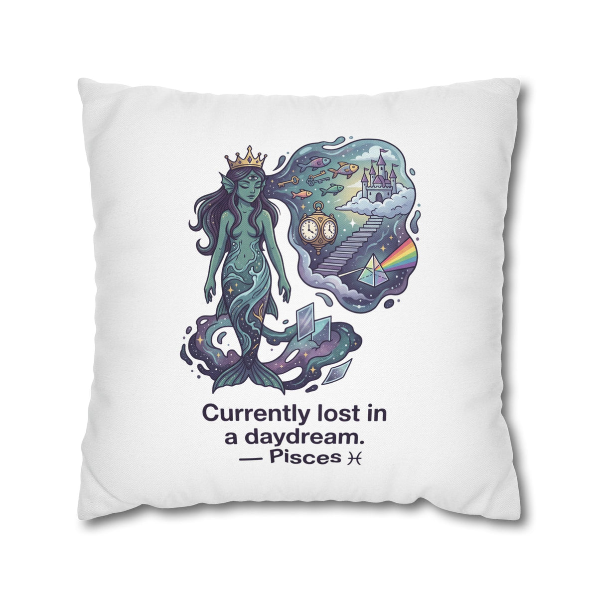 Pisces Mermaid Pillowcase — "Currently Lost in a Daydream" Decorative Throw Pillow